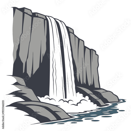 Tall gray cliff waterfall with white stream and blue water