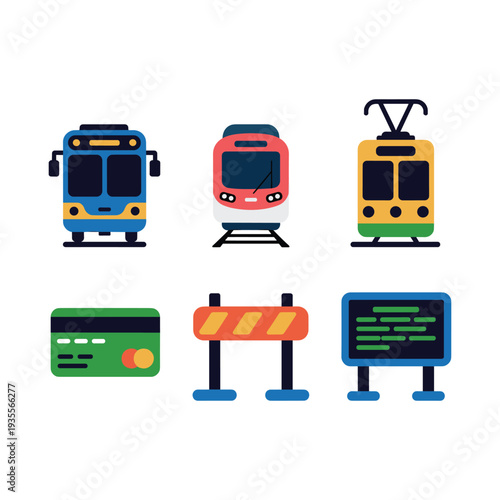 Colorful transportation with payment card and roadblock signs train tram vector illustration isolated on white background.