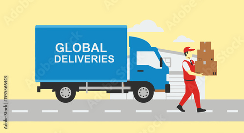 Delivery man carrying boxes towards a 'GLOBAL DELIVERIES' truck on an outdoor road, showcasing worldwide shipping logistics.