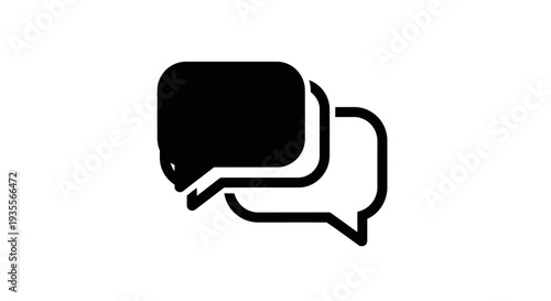 Two black speech bubbles in a minimalist design, symbolizing interactive communication and chat on an isolated white background.