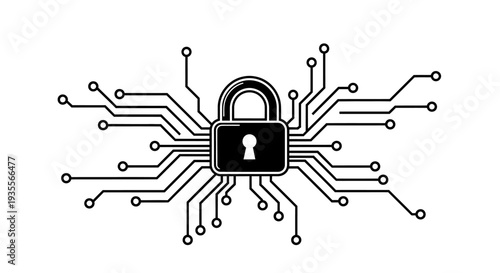 Padlock on a circuit board, representing digital security and network protection, isolated white background.
