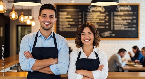 A smiling man and woman stand proudly behind a bar in a restaurant. They are wearing black aprons and light blue shirts.