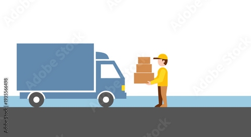 Delivery man unloading brown boxes from a blue delivery truck on an outdoor road, showing efficient logistics and transportation.