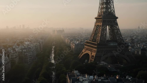 Cinematic FPV drone gliding smoothly near the Eiffel Tower during early morning