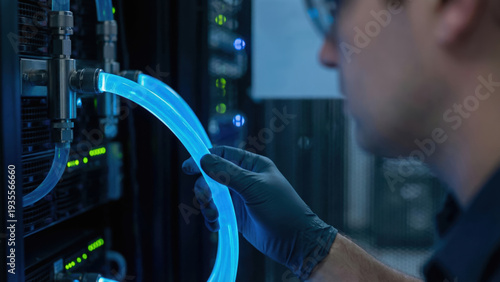 Data center energy consumption liquid immersion cooling technician adjusts glowing coolant hose in server rack efficiently and calmly for sustainable high performance