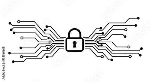 Cybersecurity Padlock with Circuit Board Lines, Digital Data Protection, Isolated White Background