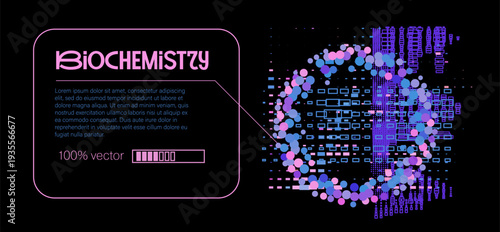 Pink blue purple particles form biomolecule circle over grid on black with biochemistry title. Conceptual vector illustration for biochemistry and molecular visualization.