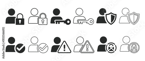 Essential icons for illustrating user security and privacy concepts online, including protection symbols, access control, and warning signs.