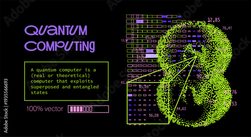 Neon pink purple green particles create brain clusters, grids, lines with numbers on black. Conceptual vector illustration for quantum computing and qubit visualization.