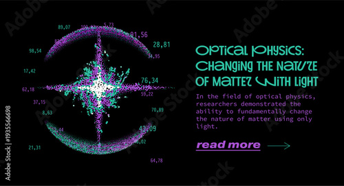 Purple teal white particles explode in starburst cross with curved arcs and numbers on black next to optical physics title. Conceptual vector illustration for light matter interaction.