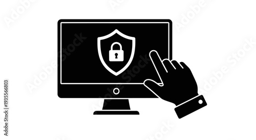 Hand Touching Computer Monitor with Security Shield and Padlock, Online Data Protection, Isolated White Background