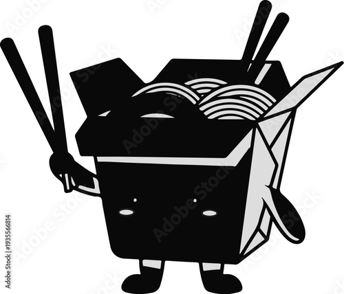 Cartoon takeout container with noodles and chopsticks