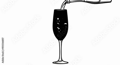 A black and white sketch shows a champagne flute being filled