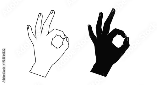 Hand gesture showing "OK" sign in outline and solid black silhouette, isolated white background.