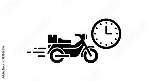 Fast Delivery Motorcycle with Packages and Clock Icon, Speedy Logistics and Timed Shipping, Isolated White Background