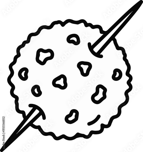 A crudely drawn cookie with dark chocolate chips pierced by two pointy sticks