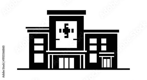 Hospital building icon, black silhouette, representing medical facility, isolated white background.