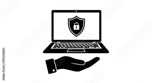 Hand Holding Laptop with Security Shield and Padlock, Data Privacy and Protection, Isolated White Background