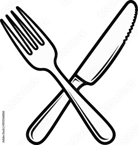 A black and white line drawing of a crossed fork and knife