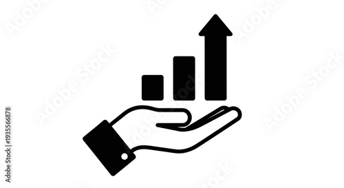 Hand Holding Growth Bar Chart with Upward Arrow Outline, Business Development and Financial Improvement, Isolated White Background