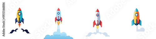 A rocket launching upward, flat design, single object composition, vector illustration, white background, solid bright colors