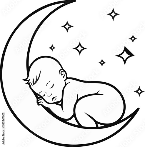 Peaceful baby sleeping on a crescent moon surrounded by stars