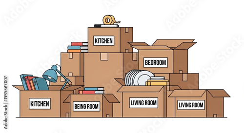Stacked Moving Boxes with Household Items.