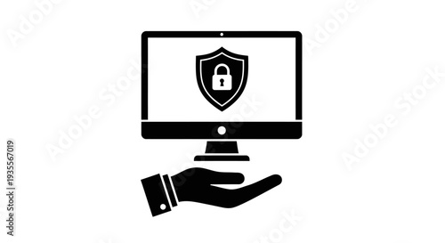 Hand offering a computer monitor with a shield and padlock icon, symbolizing cyber security protection, black silhouette, isolated white background.