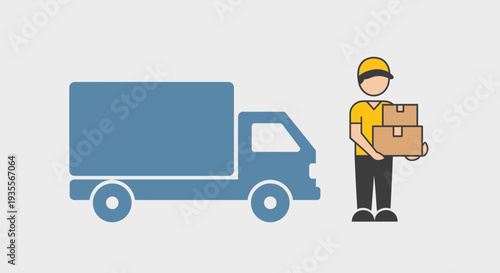 Delivery person holding a cardboard box next to a blue delivery truck, symbolizing parcel shipping service.