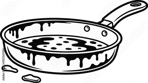 Black and white cartoon frying pan with cooking food and spills