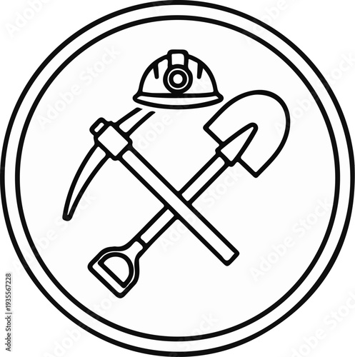 Crossed pickaxe and shovel with hard hat inside a circle