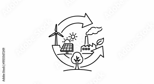 Cycle showing renewable energy sources powering industry and nature