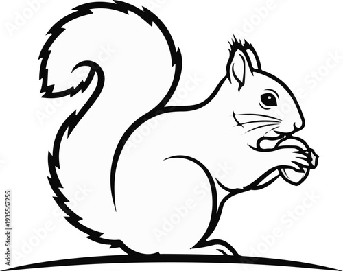 Stylized line art of a squirrel with a bushy tail holding a nut