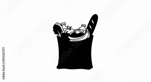Black and white illustration of a grocery bag overflowing with food items