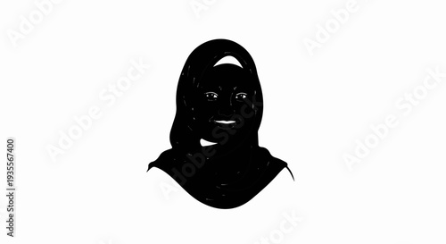A black and white illustration of a person wearing a headscarf
