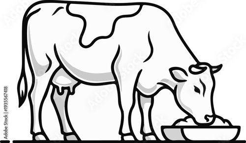 A black and white line drawing of a cow eating from a trough