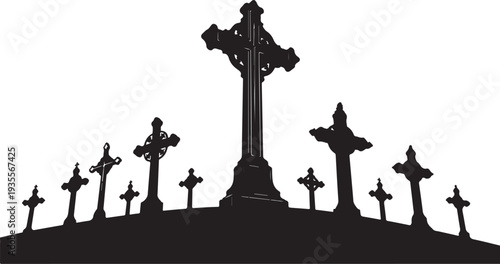 Silhouette of multiple Celtic crosses on a hilltop landscape