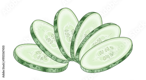 Sliced Cucumber Arrangement on White Background.