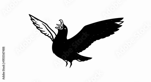 A black bird with wings spread, mouth open, on a white background