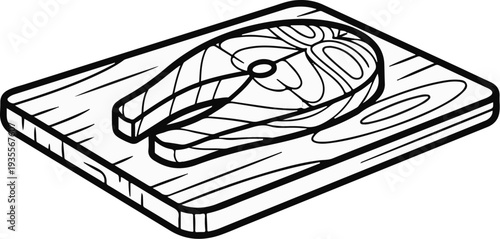 A black and white illustration shows a steak of fish on a wooden cutting board