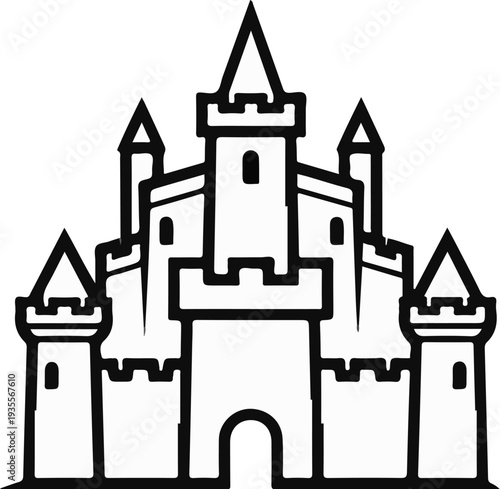 A stylized, simplified illustration of a castle with multiple towers and crenellations