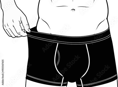 A close-up line art illustration of a person's torso, showing a hand pulling the waistband of dark underwear
