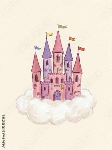 Whimsical Pink Fairytale Castle Floating on a Cloud with Stars and Moon Illustration
