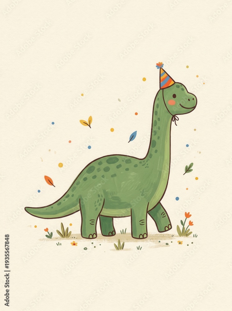 Fototapeta premium Cute Dinosaur Wearing a Party Hat Illustration for Kids Birthday and Nursery Decor