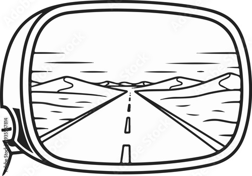 A desert road stretches to the horizon as seen in a car's side mirror