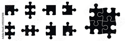 Puzzle Pieces Icon Set Black Silhouette Interlocking Shapes