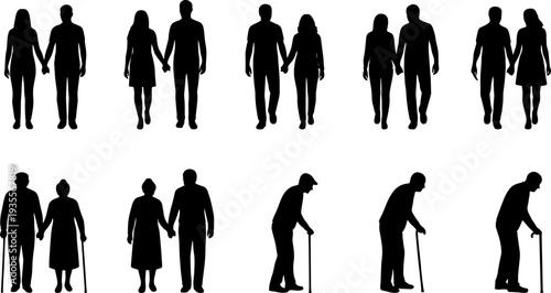 Couple aging silhouette icon set vector illustration featuring progression from young pairs to elderly individuals with canes