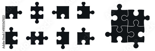 Puzzle Pieces Icon Set, Black Silhouette Interlocking Puzzle Vector Illustration