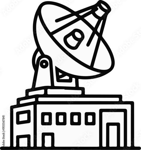 Stylized graphic of a radio telescope atop a rectangular building