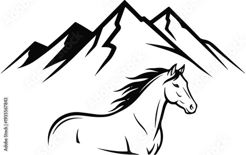 Stylized horse in motion against a backdrop of jagged mountains